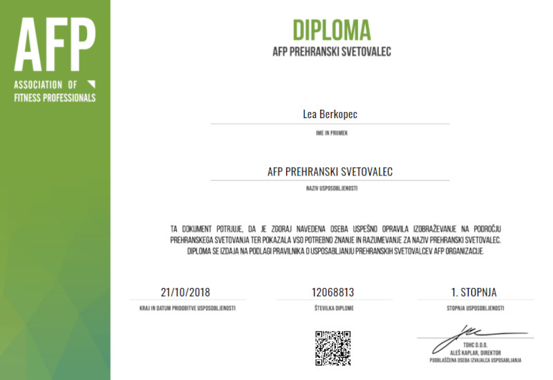 AFP Certified Nutrition Consultant (CNC) Certificate for Lea Berkopec