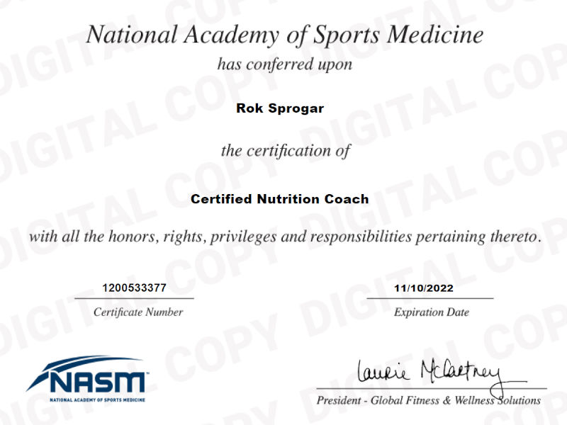 NASM Certified Nutrition Coach Certificate (NASM-CNC) for Rok Sprogar