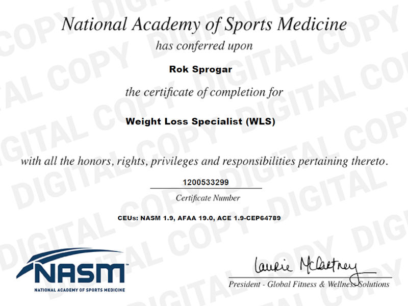 NASM Weight Loss Specialist Certificate (NASM-WLS) for Rok Sprogar