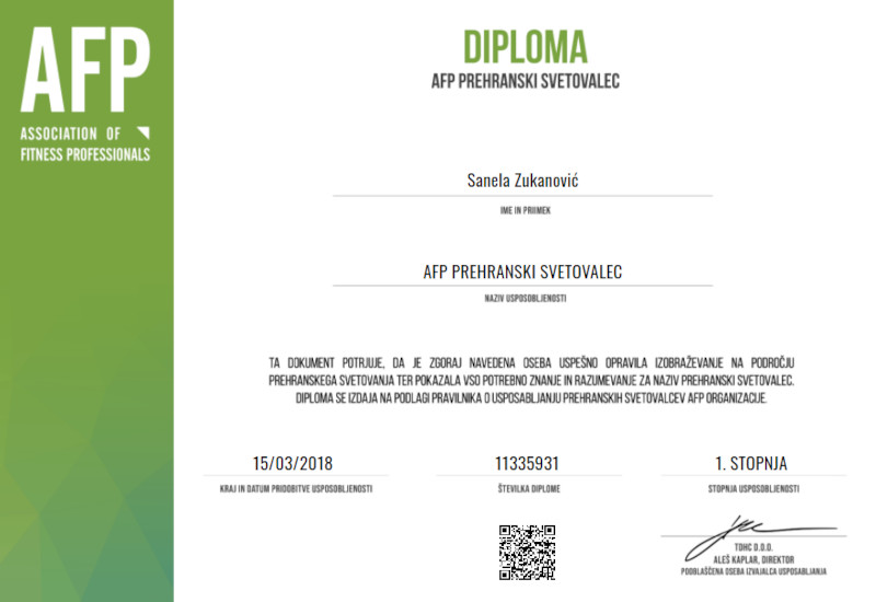 AFP Certified Nutrition Consultant (CNC) Certificate for Sanela Zukanovic